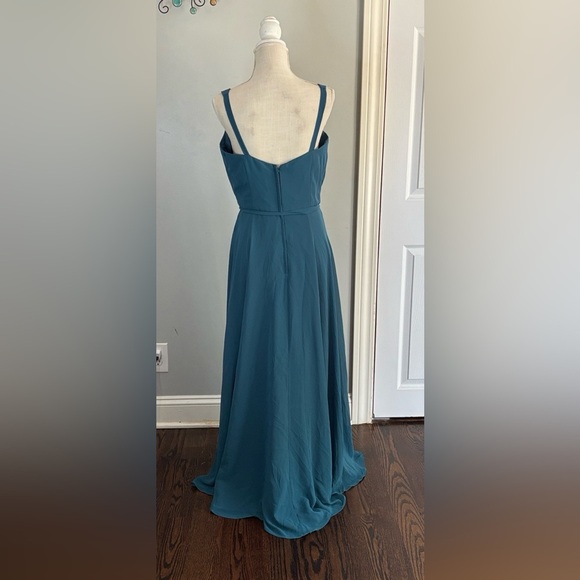 Morilee women 14 Teal 21532 maxi chiffon bridesmaid dress V neck - Picture 3 of 11